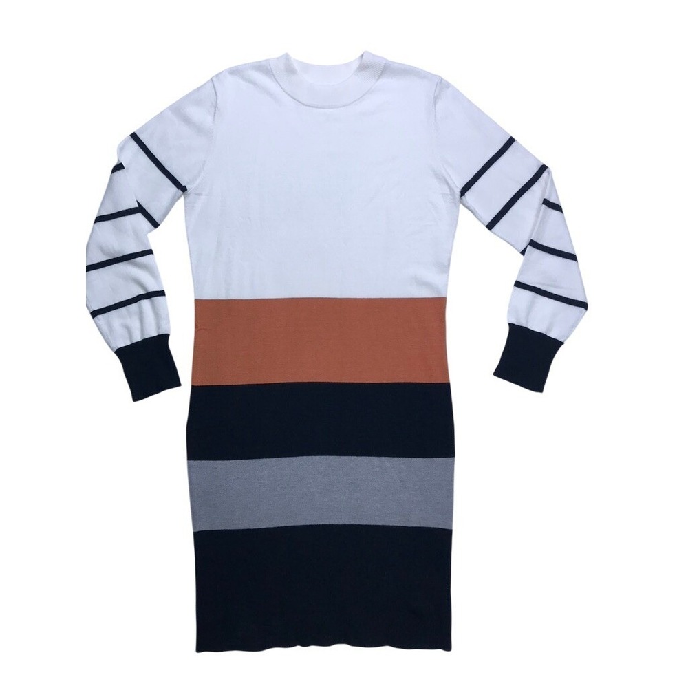 LASCANA Womens Colorblock Striped Sleeve Knit Sweater Dress White Navy Orange 8